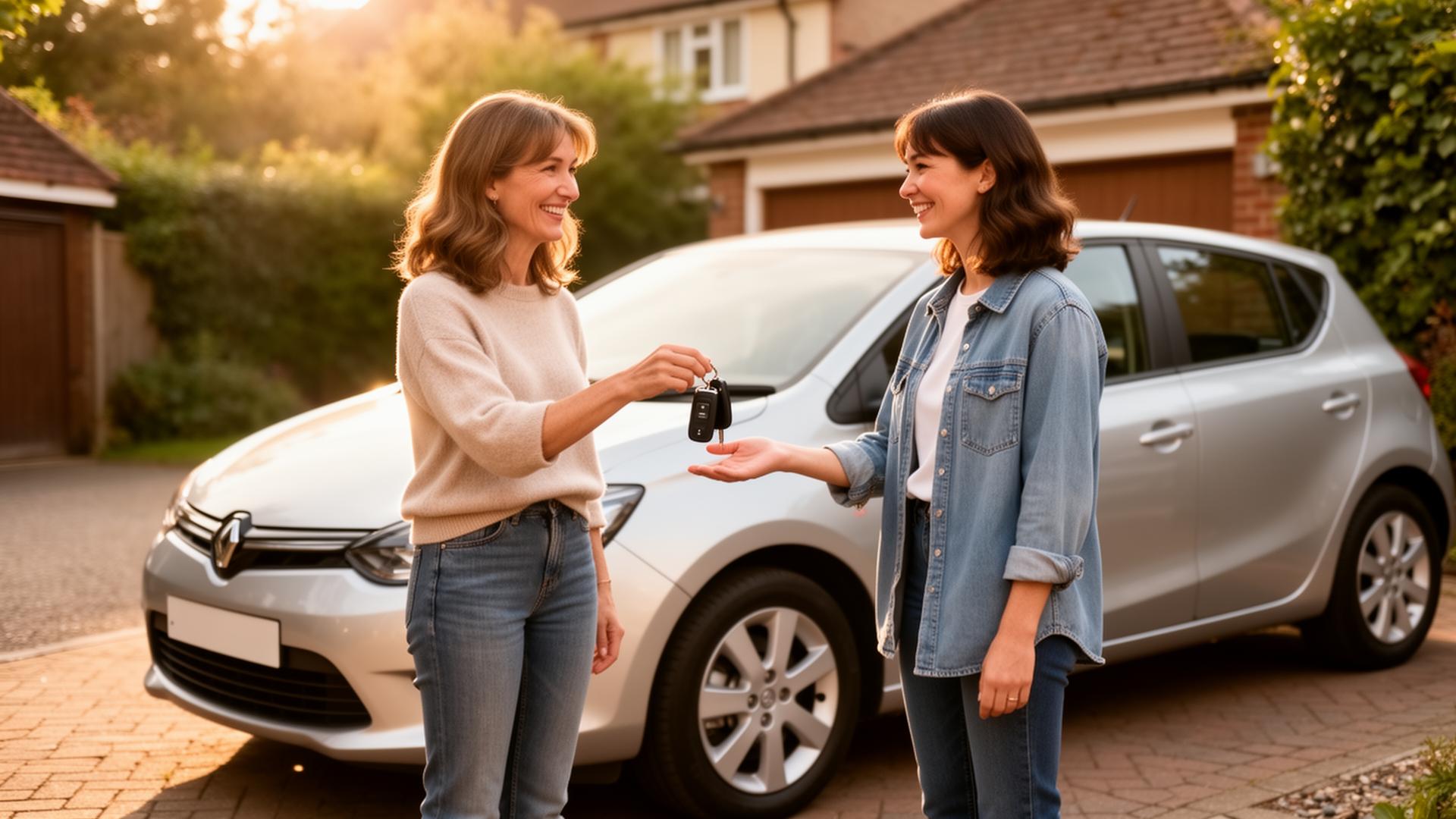 A UK parent passing car keys to her smiling teenage daughter next to her first car
